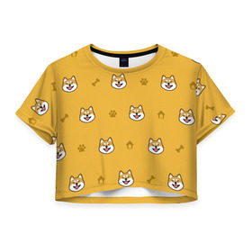 Женская футболка Cropp-top с принтом Сиба-ину. Акита-ину. (Жёлтая) в Белгороде, 100% полиэстер | круглая горловина, длина футболки до линии талии, рукава с отворотами | сиба ину