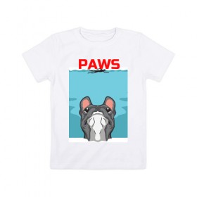 Детская футболка хлопок с принтом PAWS в Белгороде, 100% хлопок | круглый вырез горловины, полуприлегающий силуэт, длина до линии бедер | animal | bulldog | cute | dog | jaws | paws | pet | pog | sea | swim | бульдог | лапки | лапы | мопс | море | питомец | собака | челюсти