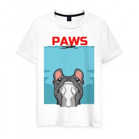 Мужская футболка хлопок с принтом PAWS в Белгороде, 100% хлопок | прямой крой, круглый вырез горловины, длина до линии бедер, слегка спущенное плечо. | animal | bulldog | cute | dog | jaws | paws | pet | pog | sea | swim | бульдог | лапки | лапы | мопс | море | питомец | собака | челюсти