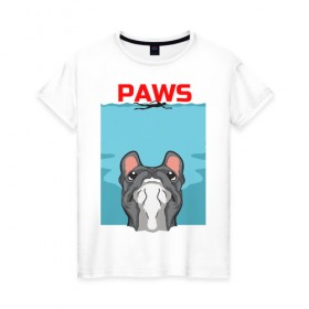 Женская футболка хлопок с принтом PAWS в Белгороде, 100% хлопок | прямой крой, круглый вырез горловины, длина до линии бедер, слегка спущенное плечо | animal | bulldog | cute | dog | jaws | paws | pet | pog | sea | swim | бульдог | лапки | лапы | мопс | море | питомец | собака | челюсти