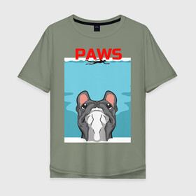 Мужская футболка хлопок Oversize с принтом PAWS в Белгороде, 100% хлопок | свободный крой, круглый ворот, “спинка” длиннее передней части | animal | bulldog | cute | dog | jaws | paws | pet | pog | sea | swim | бульдог | лапки | лапы | мопс | море | питомец | собака | челюсти