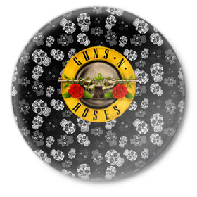 Значок с принтом Guns n roses в Белгороде,  металл | круглая форма, металлическая застежка в виде булавки | axl rose | geffen records | gnr | guns | rock | roses | slash | гансы | пистолеты | розы | рок | слеш | эксл роуз