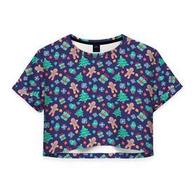 Женская футболка Cropp-top с принтом Имбирные человечки в Белгороде, 100% полиэстер | круглая горловина, длина футболки до линии талии, рукава с отворотами | 