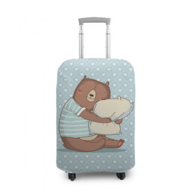 Чехол для чемодана 3D с принтом Сонный мишка с подушкой в Белгороде, 86% полиэфир, 14% спандекс | двустороннее нанесение принта, прорези для ручек и колес | медведь | милота | милый | милый мишка | миша | мишка | подушка | сон | сонный | спит