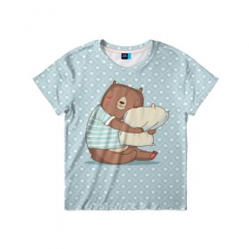 Детская футболка 3D с принтом Сонный мишка с подушкой в Белгороде, 100% гипоаллергенный полиэфир | прямой крой, круглый вырез горловины, длина до линии бедер, чуть спущенное плечо, ткань немного тянется | медведь | милота | милый | милый мишка | миша | мишка | подушка | сон | сонный | спит