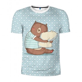 Мужская футболка 3D спортивная с принтом Сонный мишка с подушкой в Белгороде, 100% полиэстер с улучшенными характеристиками | приталенный силуэт, круглая горловина, широкие плечи, сужается к линии бедра | медведь | милота | милый | милый мишка | миша | мишка | подушка | сон | сонный | спит