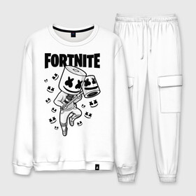 Мужской костюм хлопок с принтом FORTNITE MARSHMELLO в Белгороде, 100% хлопок | на свитшоте круглая горловина, мягкая резинка по низу. Брюки заужены к низу, на них два вида карманов: два “обычных” по бокам и два объемных, с клапанами, расположенные ниже линии бедра. Брюки с мягкой трикотажной резинкой на поясе и по низу штанин. В поясе для дополнительного комфорта — широкие завязки | chapter 2 | fortnite | marshmello | диджей | игры | маршмэллоу | молоток | фортнайт