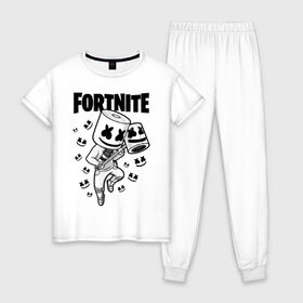 Женская пижама хлопок с принтом FORTNITE MARSHMELLO в Белгороде, 100% хлопок | брюки и футболка прямого кроя, без карманов, на брюках мягкая резинка на поясе и по низу штанин | chapter 2 | fortnite | marshmello | диджей | игры | маршмэллоу | молоток | фортнайт