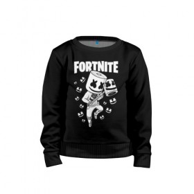 Детский свитшот хлопок с принтом FORTNITE MARSHMELLO в Белгороде, 100% хлопок | круглый вырез горловины, эластичные манжеты, пояс и воротник | chapter 2 | fortnite | marshmello | диджей | игры | маршмэллоу | молоток | фортнайт