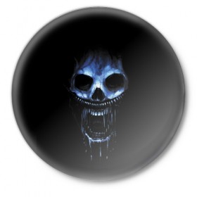 Значок с принтом Ужас в Белгороде,  металл | круглая форма, металлическая застежка в виде булавки | 31 | black | blue | fear | grin | halloween | horror | jaw | night | orbits | saliva | skull | teeth | глазницы | зубы | ночь | оскал | синий | слюна | ужас | хэллоуин | череп | черный