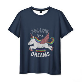 Мужская футболка 3D с принтом Unicorn. Follow your Dreams в Белгороде, 100% полиэфир | прямой крой, круглый вырез горловины, длина до линии бедер | care | dream | fantasy | horn | horse | magic | night | rainbow | star | stars | unicorn | единорог | звезда | звезды | инрог | конь | лошадь | магия | мечта | ночь | радуга | рог | фантастика | фентези