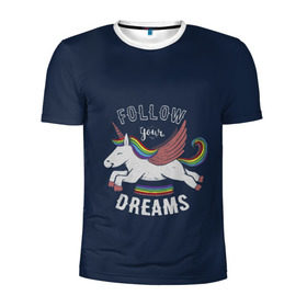 Мужская футболка 3D спортивная с принтом Unicorn. Follow your Dreams в Белгороде, 100% полиэстер с улучшенными характеристиками | приталенный силуэт, круглая горловина, широкие плечи, сужается к линии бедра | Тематика изображения на принте: care | dream | fantasy | horn | horse | magic | night | rainbow | star | stars | unicorn | единорог | звезда | звезды | инрог | конь | лошадь | магия | мечта | ночь | радуга | рог | фантастика | фентези