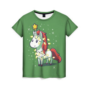 Женская футболка 3D с принтом Magical Unicorn в Белгороде, 100% полиэфир ( синтетическое хлопкоподобное полотно) | прямой крой, круглый вырез горловины, длина до линии бедер | 202 | christmas | new year | unicorn | гирлянда | единорог | елка | новый год | праздник | рождество