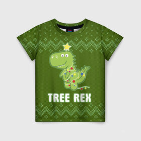 Детская футболка 3D с принтом Tree Rex в Белгороде, 100% гипоаллергенный полиэфир | прямой крой, круглый вырез горловины, длина до линии бедер, чуть спущенное плечо, ткань немного тянется | christmas tree | new year | t rex | tyrannosaurus | динозавр | елка | ель | новый год | свитер | тиранозавр