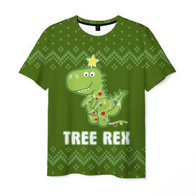Мужская футболка 3D с принтом Tree Rex в Белгороде, 100% полиэфир | прямой крой, круглый вырез горловины, длина до линии бедер | Тематика изображения на принте: christmas tree | new year | t rex | tyrannosaurus | динозавр | елка | ель | новый год | свитер | тиранозавр