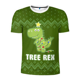 Мужская футболка 3D спортивная с принтом Tree Rex в Белгороде, 100% полиэстер с улучшенными характеристиками | приталенный силуэт, круглая горловина, широкие плечи, сужается к линии бедра | Тематика изображения на принте: christmas tree | new year | t rex | tyrannosaurus | динозавр | елка | ель | новый год | свитер | тиранозавр