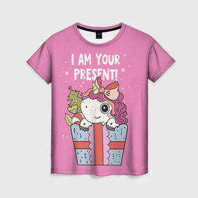 Женская футболка 3D с принтом I am your Present в Белгороде, 100% полиэфир ( синтетическое хлопкоподобное полотно) | прямой крой, круглый вырез горловины, длина до линии бедер | 202 | christmas | new year | unicorn | гирлянда | единорог | елка | новый год | подарок | праздник | рождество