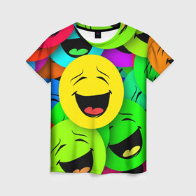 Женская футболка 3D с принтом Эмодзи смайлы в Белгороде, 100% полиэфир ( синтетическое хлопкоподобное полотно) | прямой крой, круглый вырез горловины, длина до линии бедер | emoji | настроение | позитив | смайлики | смайлы | стикеры | текстура смайл | улыбки | фон смайл | эмодзи