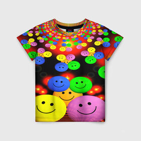 Детская футболка 3D с принтом ЦВЕТНЫЕ СМАЙЛИКИ в Белгороде, 100% гипоаллергенный полиэфир | прямой крой, круглый вырез горловины, длина до линии бедер, чуть спущенное плечо, ткань немного тянется | emoji | настроение | позитив | смайлики | смайлы | стикеры | текстура смайл | улыбки | фон смайл | эмодзи