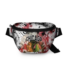 Поясная сумка 3D с принтом Chicago Blackhawks в Белгороде, 100% полиэстер | плотная ткань, ремень с регулируемой длиной, внутри несколько карманов для мелочей, основное отделение и карман с обратной стороны сумки застегиваются на молнию | blackhawks | chicago | chicago blackhawks | hockey | nhl | usa | блэкхокс | нхл | спорт | сша | хоккей | чикаго | чикаго блэкхокс | шайба