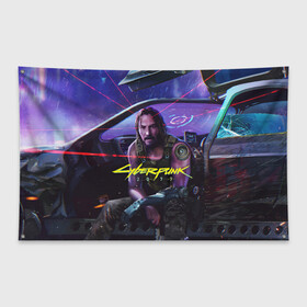 Флаг-баннер с принтом CYBERPUNK 2077 - КИАНУ в Белгороде, 100% полиэстер | размер 67 х 109 см, плотность ткани — 95 г/м2; по краям флага есть четыре люверса для крепления | 2077 | cyber | cyberpunk | demon | glitch | keanu | logo | punk | reeves | samurai | symbol | team | trauma | глитч | демон | киану | кибер | киберпанк | клан | лого | логотип | огонь | панк | ривз | самурай | символ