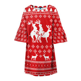 Детское платье 3D с принтом СВИТЕР С ОЛЕНЯМИ в Белгороде, 100% полиэстер | прямой силуэт, чуть расширенный к низу. Круглая горловина, на рукавах — воланы | Тематика изображения на принте: christmas | new year | winter | дед мороз | зима | ирония | клауз | клаус | новый год | олени | подарки | рождество | санта | сарказм | свитер с оленями | снег