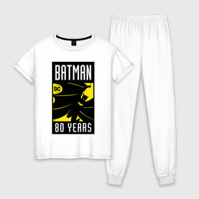 Женская пижама хлопок с принтом Batman 80 years в Белгороде, 100% хлопок | брюки и футболка прямого кроя, без карманов, на брюках мягкая резинка на поясе и по низу штанин | 80 | 80th | anniversary | bat man | batman | batman comics | caped crusader | dark knight | shtatbat | бетмен | брюс уэйн | бэт мен | бэтмен | тёмный рыцарь