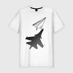Мужская футболка премиум с принтом Внешность обманчива в Белгороде, 92% хлопок, 8% лайкра | приталенный силуэт, круглый вырез ворота, длина до линии бедра, короткий рукав | бумажный | оригами | самолёт | самолётик | тень | чсв