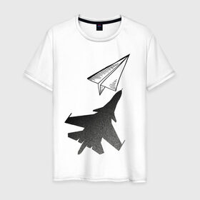 Мужская футболка хлопок с принтом Внешность обманчива в Белгороде, 100% хлопок | прямой крой, круглый вырез горловины, длина до линии бедер, слегка спущенное плечо. | бумажный | оригами | самолёт | самолётик | тень | чсв
