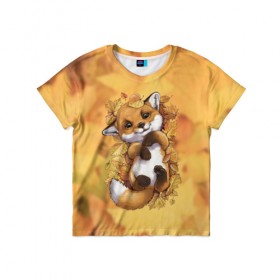 Детская футболка 3D с принтом Осенний лисёнок в Белгороде, 100% гипоаллергенный полиэфир | прямой крой, круглый вырез горловины, длина до линии бедер, чуть спущенное плечо, ткань немного тянется | fox | лис | лиса | лисёнок | лисичка | листва | листья | осень | рыжая