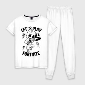 Женская пижама хлопок с принтом FORTNITE x MARSHMELLO в Белгороде, 100% хлопок | брюки и футболка прямого кроя, без карманов, на брюках мягкая резинка на поясе и по низу штанин | fortnite | fortnite 2 | fortnite x | marshmello | ninja | ninja hyper streamer | ninja streamer | streamer | tyler blevins | маршмелло | ниндзя | фортнайт | фортнайт 2 | фортнайт глава 2