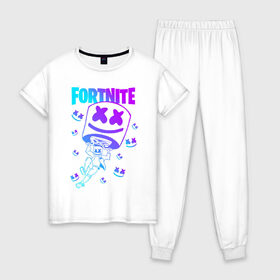 Женская пижама хлопок с принтом FORTNITE x MARSHMELLO в Белгороде, 100% хлопок | брюки и футболка прямого кроя, без карманов, на брюках мягкая резинка на поясе и по низу штанин | fortnite | fortnite 2 | fortnite x | marshmello | ninja | ninja hyper streamer | ninja streamer | streamer | tyler blevins | маршмелло | ниндзя | фортнайт | фортнайт 2 | фортнайт глава 2