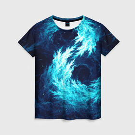 Женская футболка 3D с принтом Abstract fractal blue flame в Белгороде, 100% полиэфир ( синтетическое хлопкоподобное полотно) | прямой крой, круглый вырез горловины, длина до линии бедер | abstract | colors | dark | flame | fractal | space | абстракция | космос | краски | огонь | пламя | тёмный | фрактал