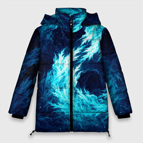 Женская зимняя куртка 3D с принтом Abstract fractal blue flame в Белгороде, верх — 100% полиэстер; подкладка — 100% полиэстер; утеплитель — 100% полиэстер | длина ниже бедра, силуэт Оверсайз. Есть воротник-стойка, отстегивающийся капюшон и ветрозащитная планка. 

Боковые карманы с листочкой на кнопках и внутренний карман на молнии | Тематика изображения на принте: abstract | colors | dark | flame | fractal | space | абстракция | космос | краски | огонь | пламя | тёмный | фрактал