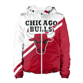 Женская куртка 3D с принтом Chicago Bulls Red-White в Белгороде, ткань верха — 100% полиэстер, подклад — флис | прямой крой, подол и капюшон оформлены резинкой с фиксаторами, два кармана без застежек по бокам, один большой потайной карман на груди. Карман на груди застегивается на липучку | Тематика изображения на принте: bulls | chicago | chicago bulls | nba | баскетбол | буллз | нба | чикаго | чикаго буллз