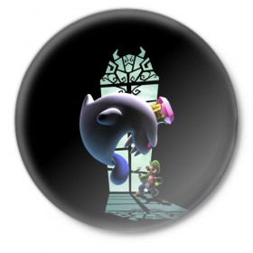 Значок с принтом Luigis Mansion в Белгороде,  металл | круглая форма, металлическая застежка в виде булавки | Тематика изображения на принте: game | luigis mansion | mario | nintendo | видеоигра | игра | луиджи | марио | привидение | призрак