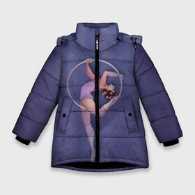 Зимняя куртка для девочек 3D с принтом Воздушная гимнастка в Белгороде, ткань верха — 100% полиэстер; подклад — 100% полиэстер, утеплитель — 100% полиэстер. | длина ниже бедра, удлиненная спинка, воротник стойка и отстегивающийся капюшон. Есть боковые карманы с листочкой на кнопках, утяжки по низу изделия и внутренний карман на молнии. 

Предусмотрены светоотражающий принт на спинке, радужный светоотражающий элемент на пуллере молнии и на резинке для утяжки. | Тематика изображения на принте: aerial gymnastic | gymnastic | gymnastics on cloth | gymnastics on the rings | воздушная гимнастика | гимнастика | гимнастика на кольцах | кольца | полотна | полотно