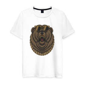 Мужская футболка хлопок с принтом медведь гангстер крутой с цепь в Белгороде, 100% хлопок | прямой крой, круглый вырез горловины, длина до линии бедер, слегка спущенное плечо. | Тематика изображения на принте: гангстер | животные | медведь | оскал | стиль | цепь