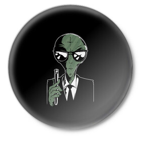 Значок с принтом Пришелец в Черном в Белгороде,  металл | круглая форма, металлическая застежка в виде булавки | alien | men in black | ufo | инопланетяне | инопланетянин | люди в черном | нло | пришелец | пришельцы
