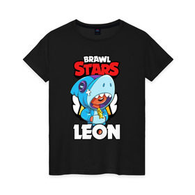 Женская футболка хлопок с принтом BRAWL STARS LEON SHARK в Белгороде, 100% хлопок | прямой крой, круглый вырез горловины, длина до линии бедер, слегка спущенное плечо | brawl stars | bull | colt | crow | leon | leon shark | shark | stars | акула | берли | ворон | динамайк | кольт | леон | леон акула | нита | спайк | шелли | эль примо