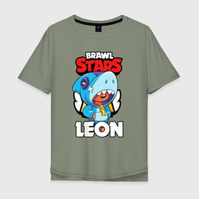 Мужская футболка хлопок Oversize с принтом BRAWL STARS LEON SHARK в Белгороде, 100% хлопок | свободный крой, круглый ворот, “спинка” длиннее передней части | brawl stars | bull | colt | crow | leon | leon shark | shark | stars | акула | берли | ворон | динамайк | кольт | леон | леон акула | нита | спайк | шелли | эль примо