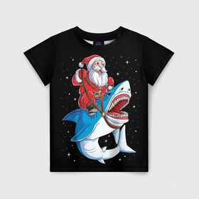 Детская футболка 3D с принтом Санта и акула в Белгороде, 100% гипоаллергенный полиэфир | прямой крой, круглый вырез горловины, длина до линии бедер, чуть спущенное плечо, ткань немного тянется | bells | christmas | claus | jingle | merry | santa | vevo | год | дед | клаус | мороз | новый | олени | олень | рождество | санта | снеговик | снежинки | узор