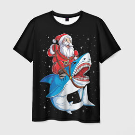 Мужская футболка 3D с принтом Санта и акула в Белгороде, 100% полиэфир | прямой крой, круглый вырез горловины, длина до линии бедер | bells | christmas | claus | jingle | merry | santa | vevo | год | дед | клаус | мороз | новый | олени | олень | рождество | санта | снеговик | снежинки | узор