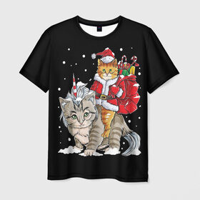 Мужская футболка 3D с принтом Санта и кот единорог в Белгороде, 100% полиэфир | прямой крой, круглый вырез горловины, длина до линии бедер | 