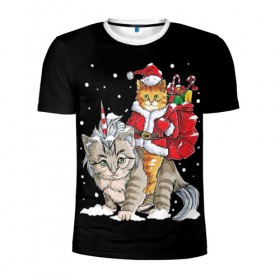 Мужская футболка 3D спортивная с принтом Санта и кот единорог в Белгороде, 100% полиэстер с улучшенными характеристиками | приталенный силуэт, круглая горловина, широкие плечи, сужается к линии бедра | 