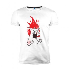 Мужская футболка премиум с принтом Злой Кот в Белгороде, 92% хлопок, 8% лайкра | приталенный силуэт, круглый вырез ворота, длина до линии бедра, короткий рукав | angry | cat | fire | kitty | злой | злые | кот | котики | коты