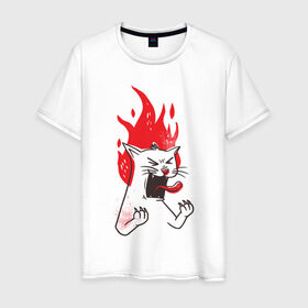 Мужская футболка хлопок с принтом Злой Кот в Белгороде, 100% хлопок | прямой крой, круглый вырез горловины, длина до линии бедер, слегка спущенное плечо. | angry | cat | fire | kitty | злой | злые | кот | котики | коты