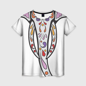 Женская футболка 3D с принтом Слон - сахарный череп в Белгороде, 100% полиэфир ( синтетическое хлопкоподобное полотно) | прямой крой, круглый вырез горловины, длина до линии бедер | day of the dead | голова слона   сахарный череп | дня мертвых | мексиканский череп | розами | сердцем. дизайн для хэллоуина | украшенный цветами