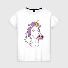 Женская футболка хлопок с принтом Злой Единорог в Белгороде, 100% хлопок | прямой крой, круглый вырез горловины, длина до линии бедер, слегка спущенное плечо | angry | angry unicorn | unicorn | единорог | злой | злой единорог | радуга
