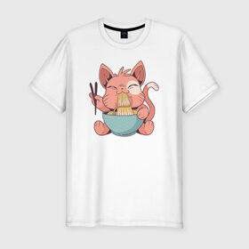 Мужская футболка премиум с принтом Cat Ramen в Белгороде, 92% хлопок, 8% лайкра | приталенный силуэт, круглый вырез ворота, длина до линии бедра, короткий рукав | Тематика изображения на принте: cat | ramen | кот | котики | кошка | рамен | рамэн